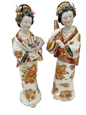 Pair Of SATSUMA Style Geisha Porcelain Figurine Statue Gold Umbrella Fan ~17” picture