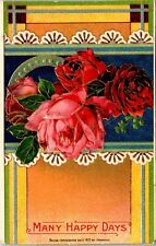 VINTAGE POSTCARD MANY HAPPY DAYS RED/PINK ROSES ON EMBOSSED BACKGROUND 1914 picture