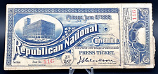 RARE 1888 CHICAGO REPUBLICAN NATIONAL CONVENTION BLUE PRESS TICKET - 1 STUB picture