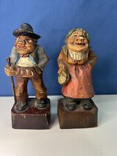 Vintage Hand Carved Anri Handpainted Wooden Old Lady and Man Figurines Italy picture