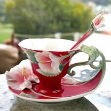 Franz Porcelain Collection ISLAND BEAUTY Hibiscus Tea Cup Saucer & Spoon 3pc Set picture