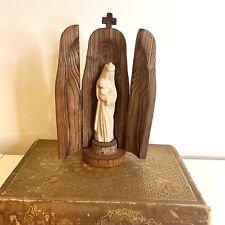 Vintage Wood Carved Mother Mary Virgin Mary Triptych Alter Figure Religious picture