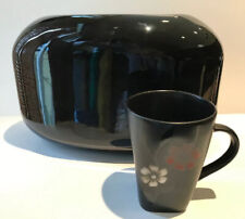 Vintage Japanese Ikebana Vase Modernist Lg Opening Black Glossy Pottery 8” X 12” picture