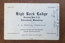 c1910 High Rock Lodge Business Card Sacandaga Park NY Adirondack Mountains picture