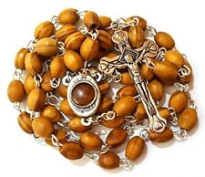 Blessed Catholic Rosary Necklace Olive Wood Oval Beads Jerusalem Soil Crucifix picture