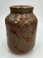 Vintage Hand painted Hand Made Pottery Vase Brown Butterfly Flowers picture