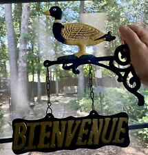 VTG CAST IRON WELCOME BIENVENUE (FRENCH) SIGN MALLARD DRAKE DUCK DOUBLE-SIDE picture