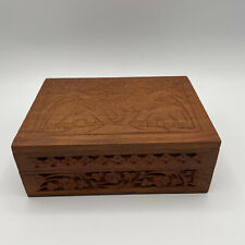 Vintage India Hand Carved Wood Box-Elephants & Palm Trees picture