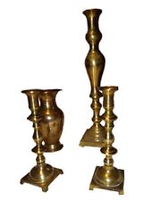 Vintage 4 PC. brass candlestick holders made in Japan set of 3 with Brass Vase picture