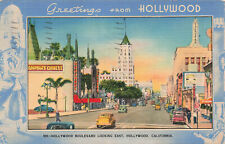 VINTAGE GREETINGS FROM HOLLYWOOD BOULEVARD LOOKING EAST LINEN POSTCARD 060822  picture
