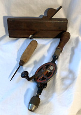 Lot Of 3 Antique Woodworking Tools- Plane Awl and Drill picture