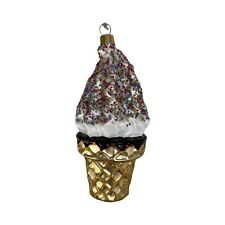 Christmas Ornament Ice Cream Gold Cone Mouth Blown Glass Vanilla Sprinkle Poland picture