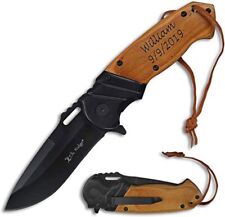 Personalized Laser Engraved FOLDING KNIFE, Brown wood Handle with Pocket Clip picture