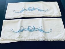 Embroidered & Crochet Blue Swag pair of Pillow Cases. Pre owned *Lovely Details picture
