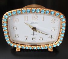 Vintage Linden Sapphire Rhinestone Travel Alarm Clock Jeweled Crystal Table Top picture