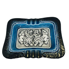 Vintage Fu Foo Dogs Japanese Ashtray With 3D Blue White Ceramic Collectible picture