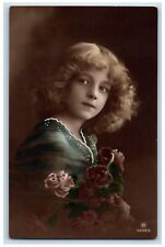 c1910's Pretty Girl Curly Hair Flowers Studio Portrait RPPC Photo Postcard picture