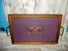ANTIQUE NEEDLEPOINT VANITY TRAY FLOWERS PURPLE GILT WOOD FRAME 1920s picture
