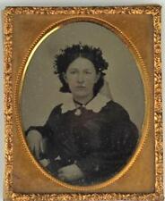 ANTIQUE 1860's 1/9 PLATE AMBROTYPE TINTYPE GIRL SEATED WITH HAIR DECORATION picture
