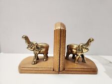 MCM Brass Elephant Bookends Figurines Wood Trunk Vintage Decor picture