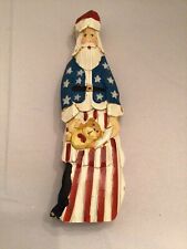 Vintage Patriotic Wood Santa With Bear 9.5” Tall Rustic Charm Christmas Decor picture
