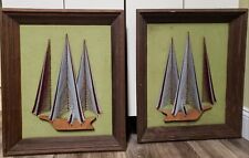 Framed Pair of Groovy Vintage MCM 1970’s String Art Ship Sailboat Retro  picture