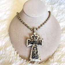 Chunky Silver Tone Black/ Rhinestone Cross Pendant Ball Chain Necklace 18 in picture