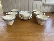 Wedgwood Embossed Queens Ware Blue On Cream 6 Tea Cups With Saucers picture