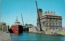 1954 Sault Ste. Marie Michigan MI MacArthur Lock Freighter Bldg Chrome Postcard picture