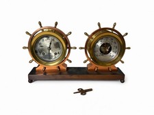 Vintage Chelsea Brass Ship Wheel Clock & Barometer Desk Set w/ Key Nautical picture