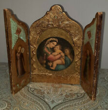Vintage Florentine Italy Madonna Religious Icon Triptych Tole Wood Prayer Altar picture