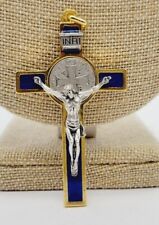 Vintage Benedictine Cross Pendant Large Blue Enamel Gold & Silver tone   † RARE picture