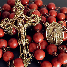 Rare Red Carnelian Rose beads Vintage Catholic Rosary Necklace  Cross crucifix picture