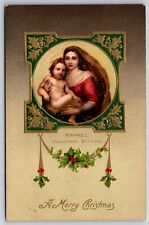 A Merry Christmas~Rafael Madonna Sixtina Painting~Emb~Vintage Winsch Postcard picture