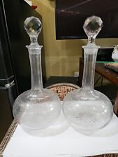 Pair Antique Victorian Edwardian Etched Glass Globe Wine Decanters Stoppers  picture