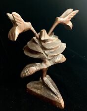 Hand Carved Dark Walnut Hummingbirds Flower Feeding Nectar Heart Base Sculpture picture