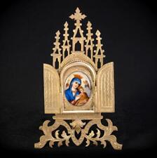 Madonna w Child Jesus Porcelain Painting | Antique Mary Brass Frame Icon 7.1