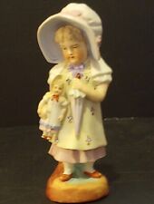 Lovely Antique German Bisque Figurine Child With Umbrella & Doll H. 7