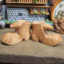 2 Vtg Hand Carved Whittled Wood Boot Wooden Shoe Rustic Folk Art Figurine Signed picture