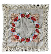 Vintage Linen Tablecloth Floral Needlepoint Embroidery Lace Trim Cottagecore 32” picture
