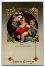1908 Christmas Greetings Rafael Madonna Della Sedia Holly Winsch Back Postcard picture