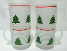 Luminarc Vintage Christmas Frosted Cups Mugs w/ Trees red white green Set 4 NEW picture