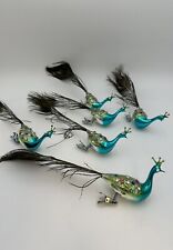 Six Vintage Blown Glass Peacock  Real Feathers Bird Christmas Ornament Clip On picture