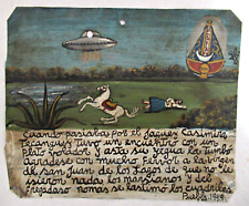 VTG 1949 HP MEXICAN TIN RETABLO VIRGEN DE SAN JUAN SAVE WOMAN FROM FLYING SAUCER picture