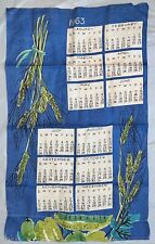 Vintage 1963 Vera Neumann Linen Calendar Kitchen Tea Towel  - Wheat / blue picture