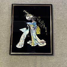 Chinese Folk Art Tinsel Foil Reverse Artwork Girl with Peacock - Framed picture