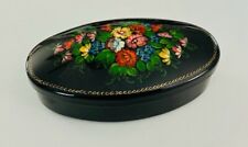 Lovely Russian Lacquer Lacquered Metal Oval Box Floral Signed USSR 6x3