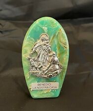 Benedici La Nostra Casa With Silver Toned Madonna On Green Marble-Like Stand ITA picture
