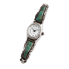 NATIVE AMERICAN STERLING SILVER GREEN TURQUOISE INLAY WATCH picture