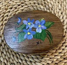 Vintage Floral Hand Painted Violets Oval Wooden Shaker Box Signed by Artist picture